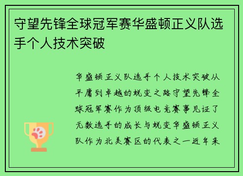 守望先锋全球冠军赛华盛顿正义队选手个人技术突破
